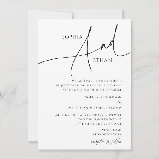Minimalist Calligraphy Formal White Wedding Einladung (Vorderseite)
