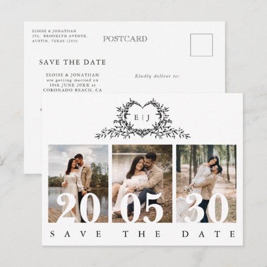 Minimalist Calligraphy monogram Save the Date Postkarte (Vorne/Hinten)