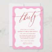 MINIMALIST Calligraphy wave 30th party pink red Einladung (Vorderseite)