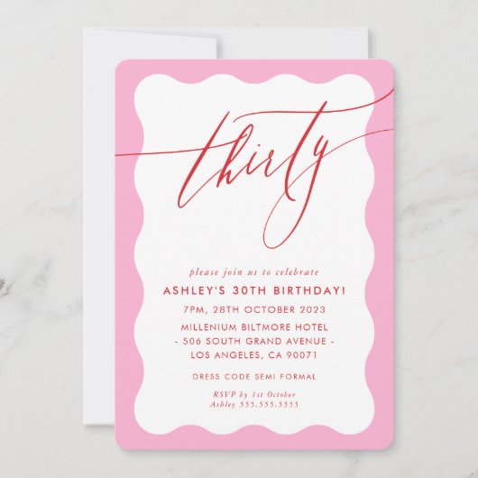 MINIMALIST Calligraphy wave 30th party pink red Einladung (Vorderseite)
