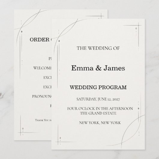 Minimalist Charcoal Line Wedding Ceremony Program Programm (Vorne/Hinten)