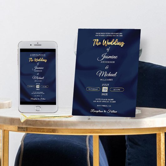 Minimalist Chic Navy & Gold Script Wedding Elegant Einladung