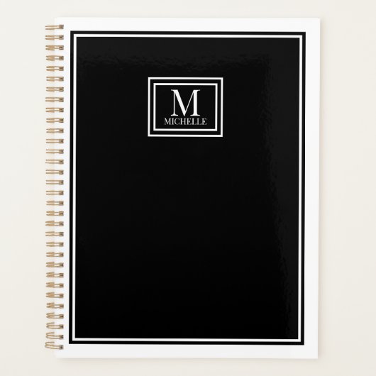 Minimalist Chic Two Boarder Monogram Name Black   Planer (Vorderseite)