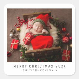 Minimalist Christmas Family Baby Photo, Holidays Quadratischer Aufkleber