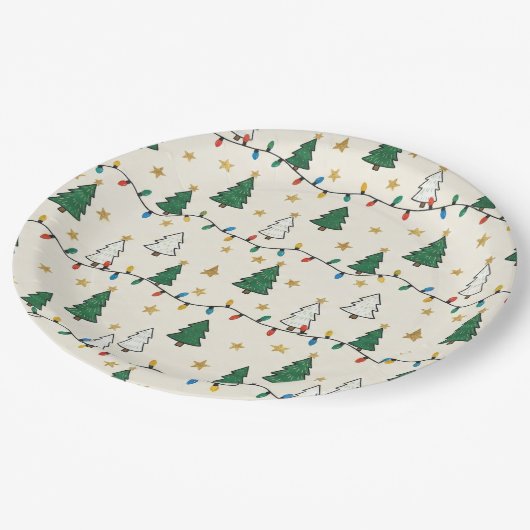 Minimalist Christmas Tree Lights Pattern Party Pappteller (Schrägansicht)