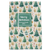 Minimalist Christmas trees name gift bag red gold Mittlere Geschenktüte (Rückseite)