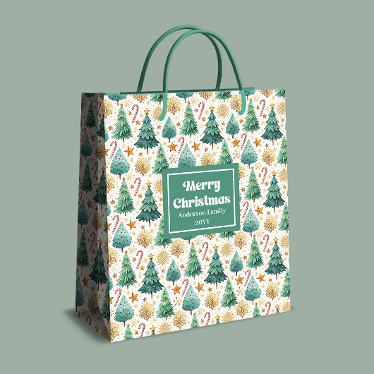 Minimalist Christmas trees name gift bag red gold Mittlere Geschenktüte