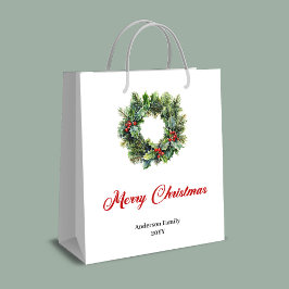 Minimalist Christmas wreath gift bag red green  Mittlere Geschenktüte