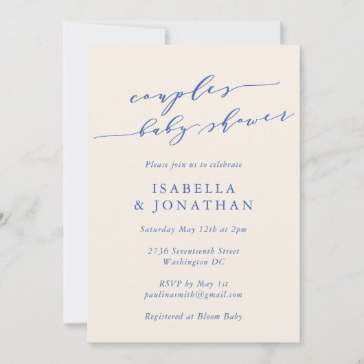 Minimalist Classic Blue Script Couples Baby Shower Einladung (Vorderseite)