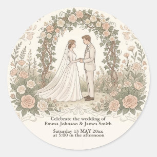 Minimalist Cream Vintage Blumen Hochzeitsaufkleber Runder Aufkleber