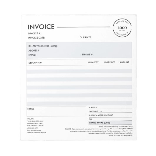 Minimalist Custom Business Invoice Sales Receipt Notizblock (Vorderseite)