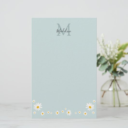 Minimalist Daisy Teal Script Monogram Briefpapier (Stehend Vorderseite)
