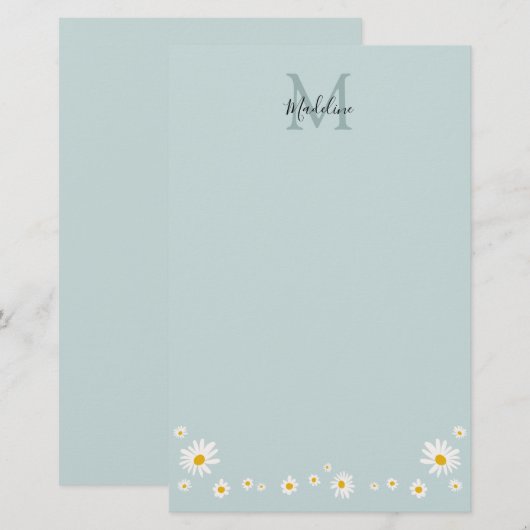 Minimalist Daisy Teal Script Monogram Briefpapier (Vorne/Hinten)