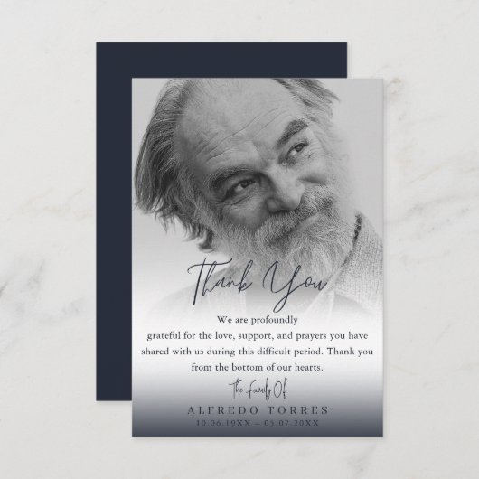 Minimalist Dark Blue Photo Funeral Sympathy Dankeskarte (Vorne/Hinten)