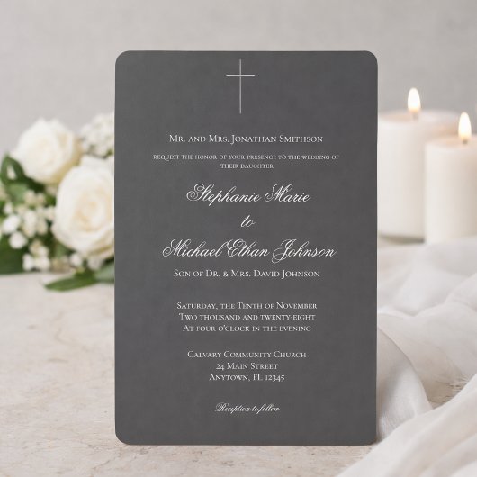 Minimalist Dark Cross Formal Church Wedding Einladung