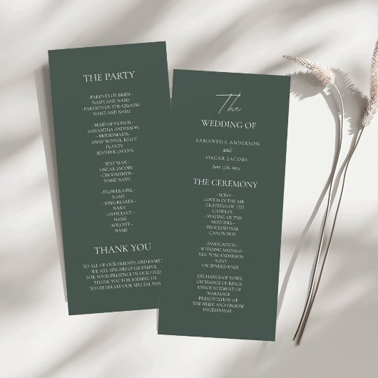 Minimalist Dark Green Wedding Program | Modern Menükarte