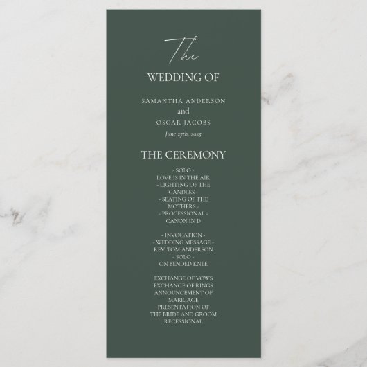 Minimalist Dark Green Wedding Program | Modern Menükarte (Vorderseite)