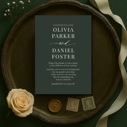 Minimalist Dark Moody Green Wedding Invitation Einladung