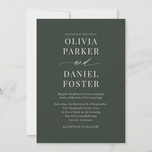 Minimalist Dark Moody Green Wedding Invitation Einladung (Vorderseite)