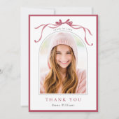 Minimalist Deep Blush Bow Graduation Photo Dankeskarte (Vorderseite)