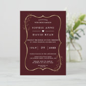Minimalist Deep Burgundy Gold Line Art Wedding Einladung (Stehend Vorderseite)