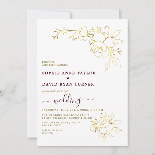 Minimalist Deep Burgundy Gold Simple Wedding Einladung (Vorderseite)