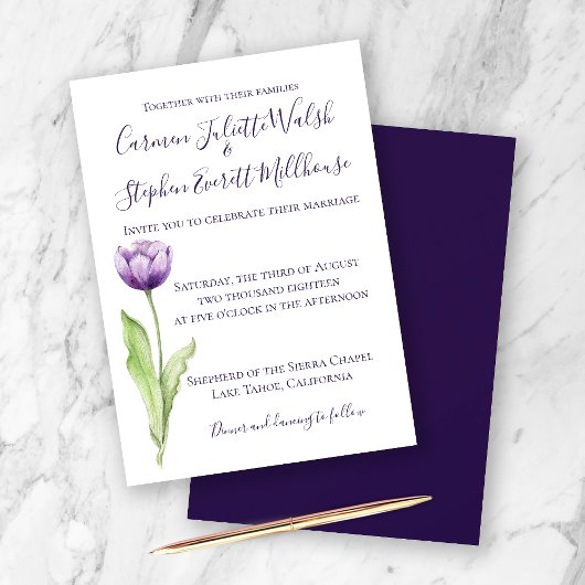 Minimalist Deep Purple Single Tulip Wedding Einladung