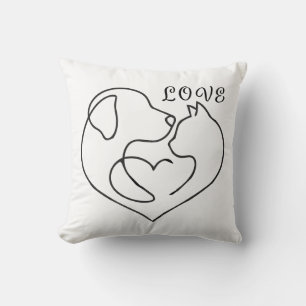 Minimalist Dog and Cat Heart - One Line Art Design Kissen