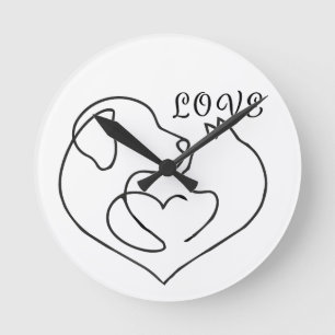 Minimalist Dog and Cat Heart - One Line Art Design Runde Wanduhr