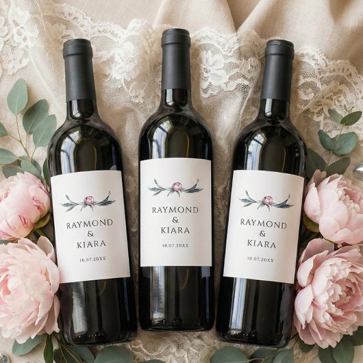 Minimalist Dusky Pink Peony Floral Wedding Weinetikett