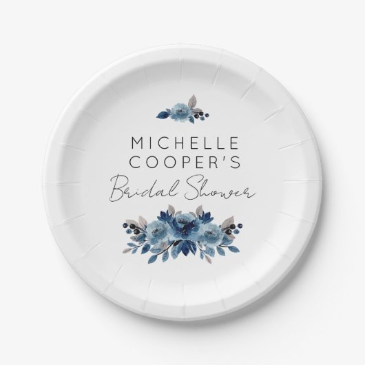 Minimalist Dusty Blue and Navy Floral Pappteller (Vorderseite)