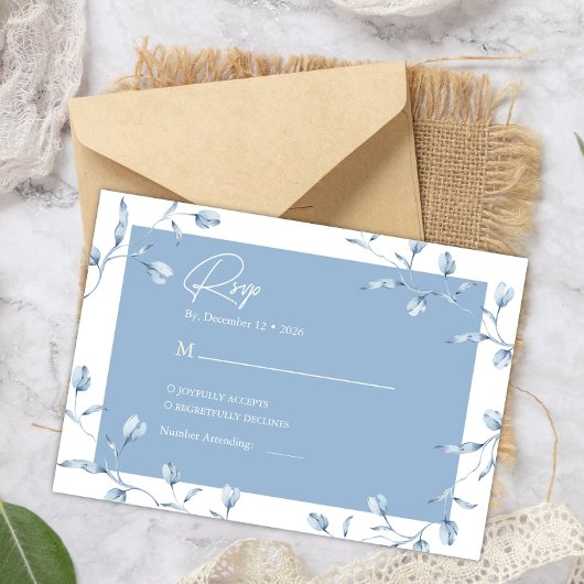 Minimalist Dusty Blue Chinoiserie Floral Wedding Begleitkarte
