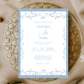 Minimalist Dusty Blue Chinoiserie Floral Wedding Einladung