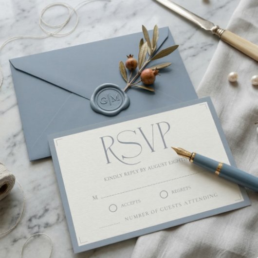 Minimalist Dusty Blue Elegant Monogram Wedding  RSVP Karte
