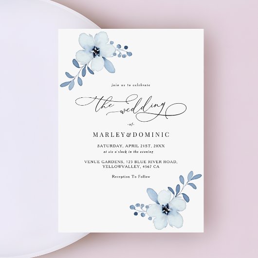 Minimalist Dusty Blue Floral Boho Wedding Einladung