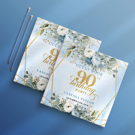 Minimalist Dusty Blue Floral Script 90th Birthday Gästebuch