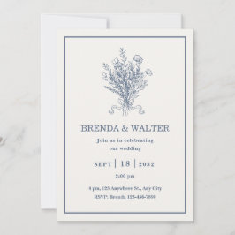 Minimalist Dusty Blue Floral Sketch Wedding  Einladung