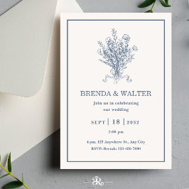 Minimalist Dusty Blue Floral Sketch Wedding  Einladung