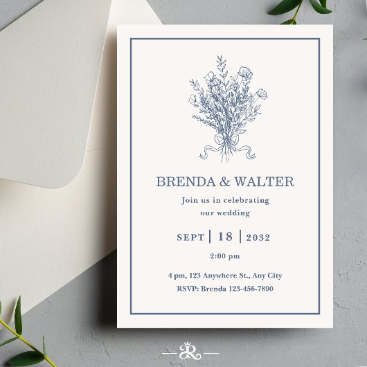 Minimalist Dusty Blue Floral Sketch Wedding  Einladung