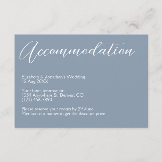 Minimalist Dusty Blue Wedding Accommodation Begleitkarte (Vorderseite)