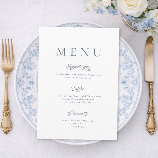 Minimalist Dusty Blue Wedding Menu Card Einladung