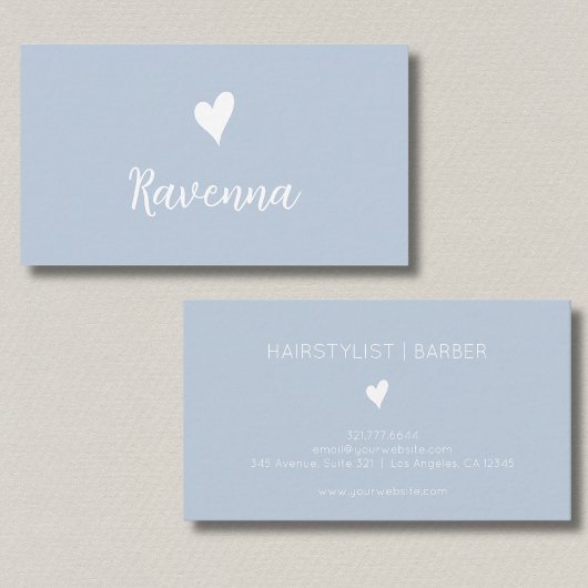 Minimalist Dusty Blue White Heart Barber Name Visitenkarte