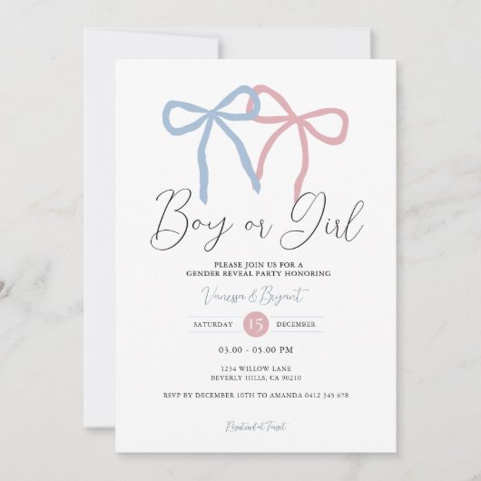 Minimalist Dusty Pink Blue Ribbon Gender Reveal Einladung (Vorderseite)