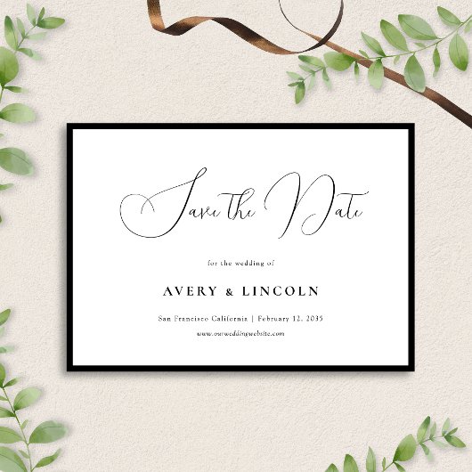 Minimalist Elegant Black Border Script Wedding Save The Date