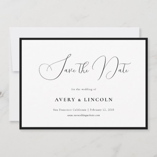Minimalist Elegant Black Border Script Wedding Save The Date (Vorderseite)