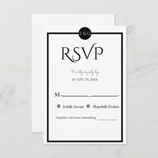 Minimalist Elegant Black & White Wedding RSVP Karte (Vorne/Hinten)