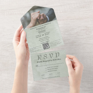Minimalist Elegant Blass-Salbei-Grün Celadon QR-Co All In One Einladung