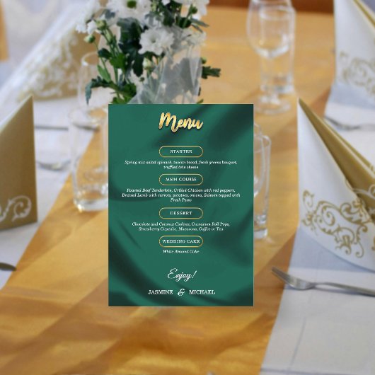 Minimalist Elegant Emerald & Gold Script Wedding Menükarte