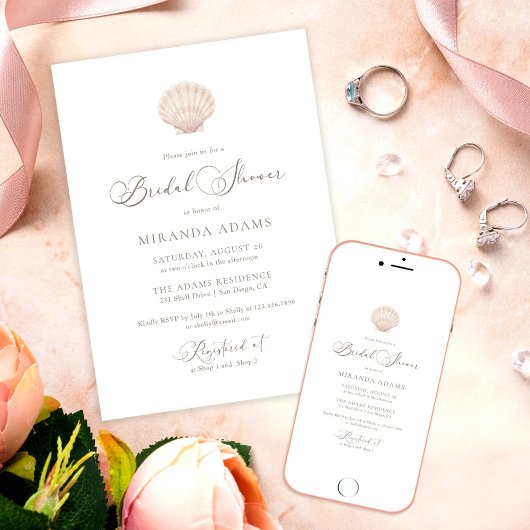 Minimalist Elegant Sea Shell Beach Bridal Shower Einladung