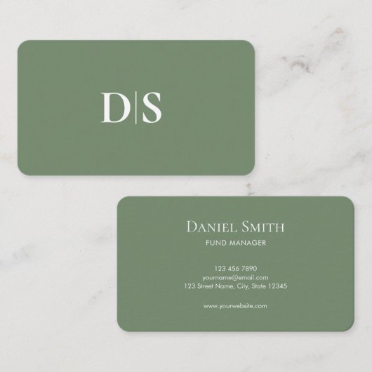 Minimalist Elegant White on Muted Green Initials Visitenkarte (Vorne/Hinten)